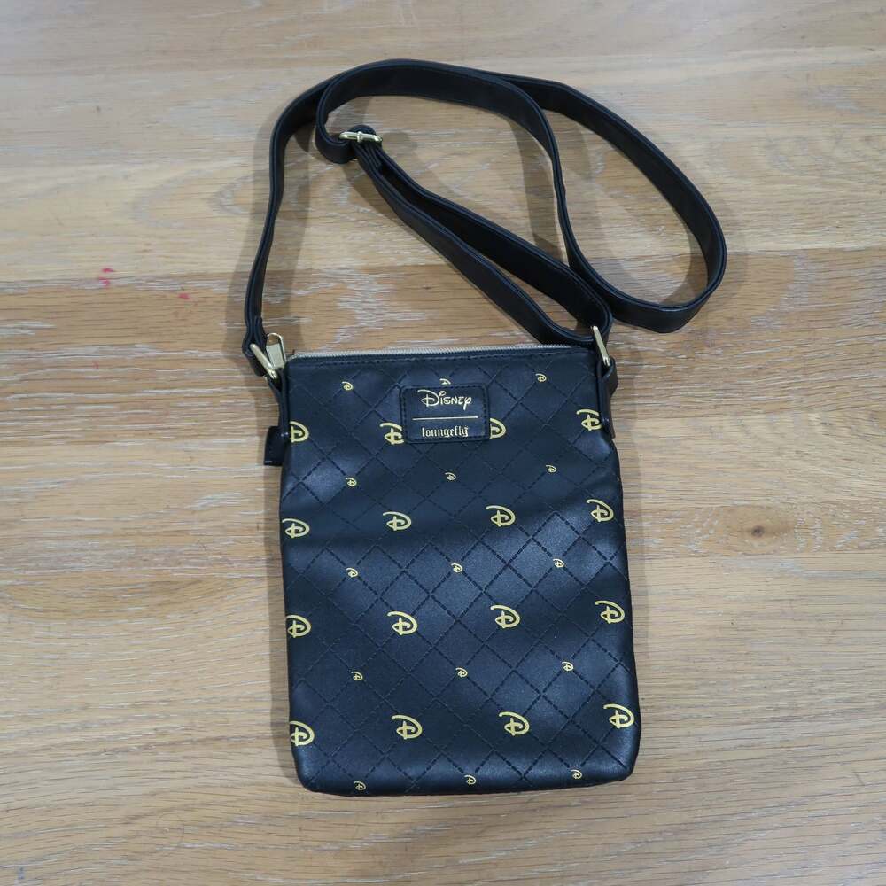 Loungefly Disney Logo Gold and Black Quilted Faux Leather Passport Crossbody Bag